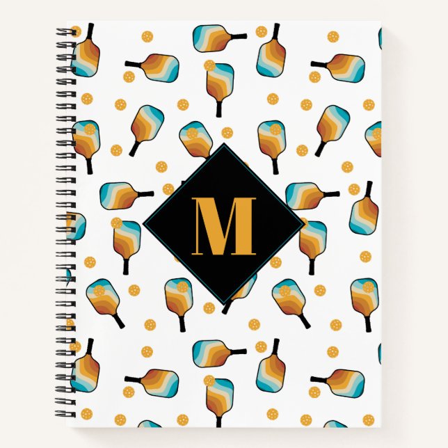 Retro Pickleball Paddles & Ball Pattern Monogram Notebook (Front)