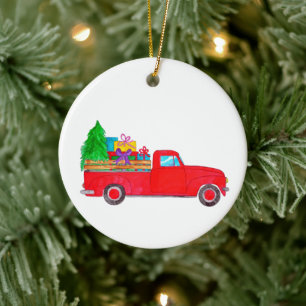 Retro Pickup Truck with Christmas Gifts Ceramic Tree Decoration