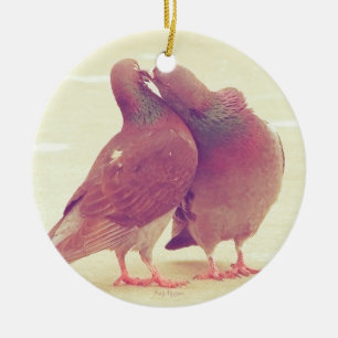 Retro Pigeon Love Birds Kissing Couple Photo Ceramic Tree Decoration