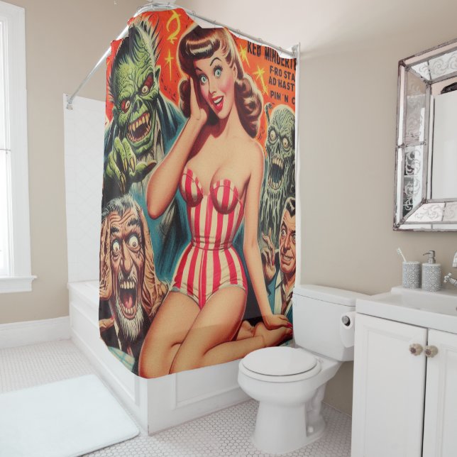 Retro Pin-up and Monsters Shower Curtain (In Situ)