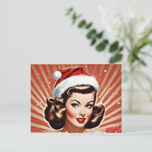 Retro Pin Up Girl Christmas Holiday Postcard (Standing Front)