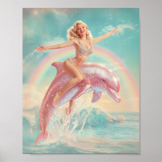 Retro Pin-Up Girl Riding a Sparkling Pink Dolphin  Poster