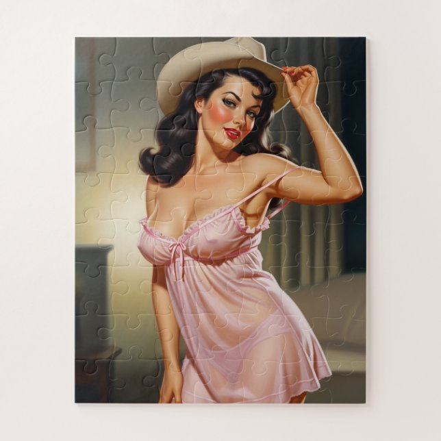 Retro Pin-up Girl with Cowboy hat Jigsaw Puzzle (Vertical)