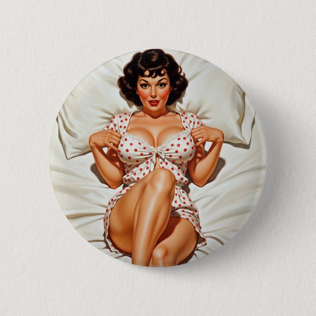 Retro Pin-up Girl with Red Polka Dot PJ's 6 Cm Round Badge (Front)