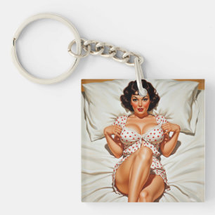 Retro Pin-up Girl with Red Polka Dot PJ's Key Ring