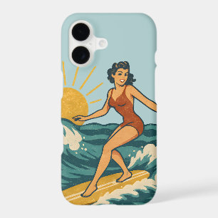 Retro Pin-Up Surfer Blue Coastal Surfing Art Phone
