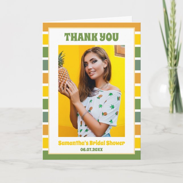 Retro Pineapple Pickleball Bridal Shower Photo Thank You Card (Front)