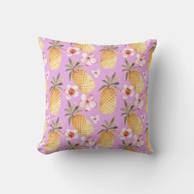 Retro pineapple tropical print on lilac background cushion (Front)