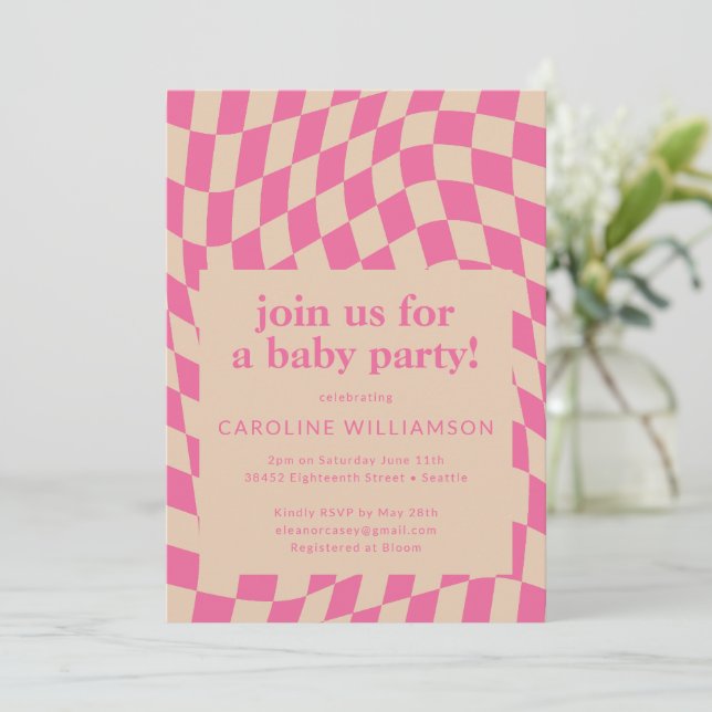 Retro Pink Abstract Chequerboard Baby Shower Invitation (Standing Front)