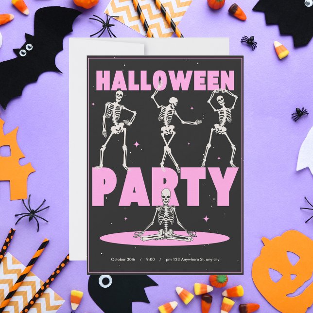 Retro Pink and Black Skeleton Dance Halloween Invitation (Creator Uploaded)