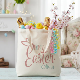 Retro Pink And Blue Personalised Happy Easter Tote Bag