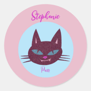 Retro Pink and Blue Purring Kitty Classic Round Sticker