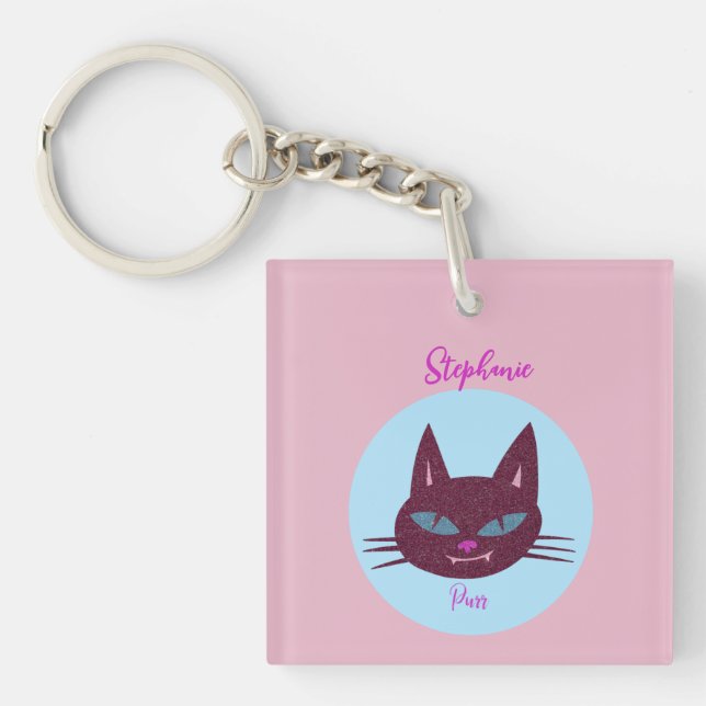 Retro Pink and Blue Purring Kitty Key Ring (Front)
