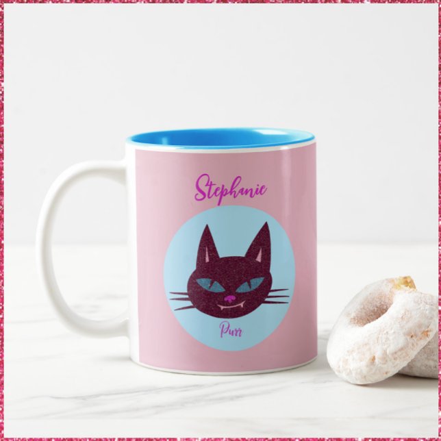 Retro Pink and Blue Purring Kitty Two-Tone Coffee Mug (Creator Uploaded)