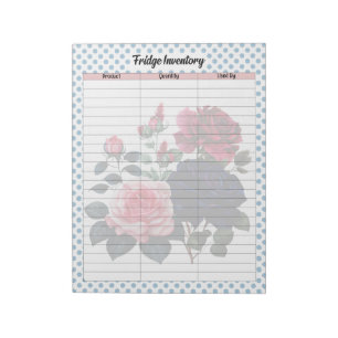 Retro Pink and Blue Roses Fridge Inventory List Notepad