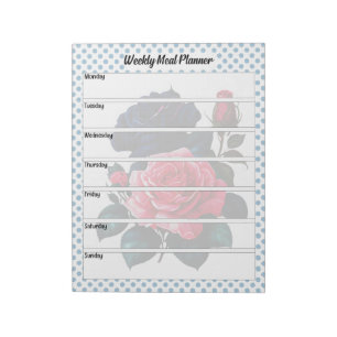 Retro Pink and Blue Roses Weekly Meal Planner Notepad