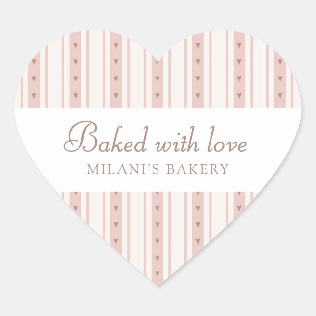 Retro Pink And Brown Heart Stripes Bakery Sticker (Front)