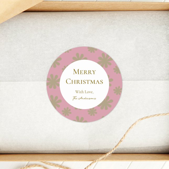 Retro Pink and Gold Floral Merry Christmas Party Classic Round Sticker (Creator Uploaded)