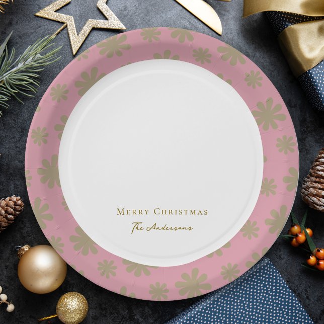 Retro Pink and Gold Floral Merry Christmas Party Paper Plate (Creator Uploaded)