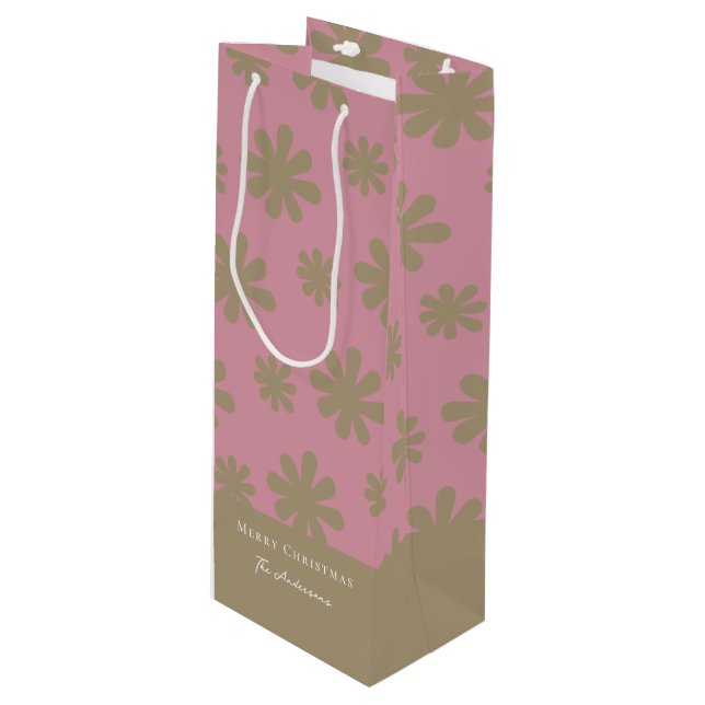 Retro Pink and Gold Floral Merry Christmas Party Wine Gift Bag (Front Angled)