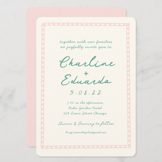Retro Pink and Green Handwriting Wedding Invitation (Creator Uploaded)