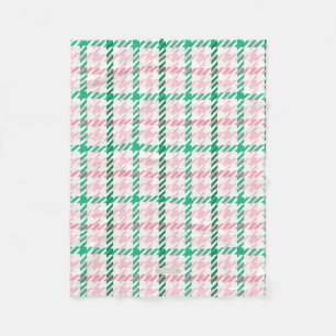 Retro pink and green houndstooth plaid pattern fleece blanket