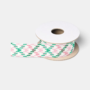 Retro pink and green houndstooth plaid pattern satin ribbon