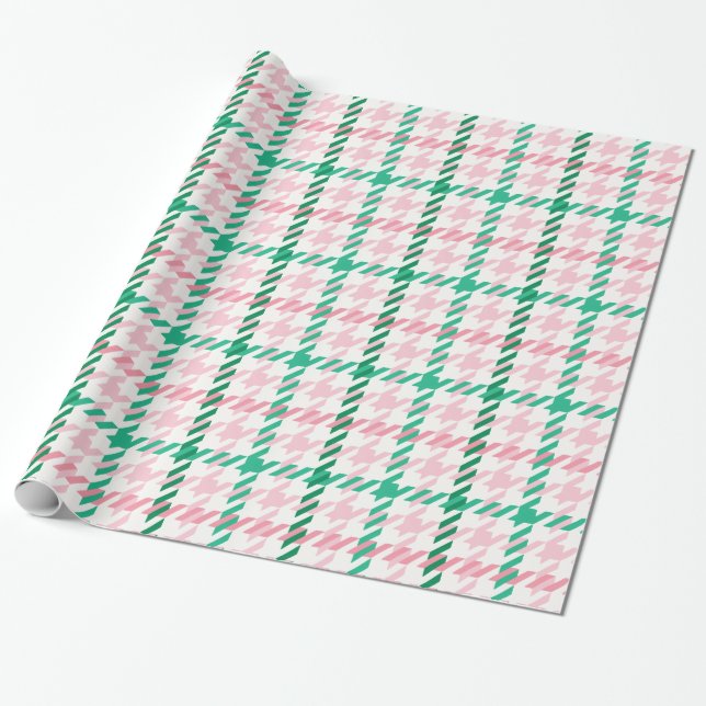 Retro pink and green houndstooth plaid pattern wrapping paper (Unrolled)