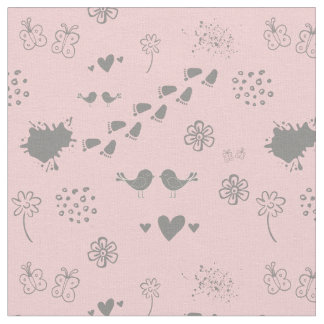 Retro pink and grey pattern of birds, dots, fo fabric