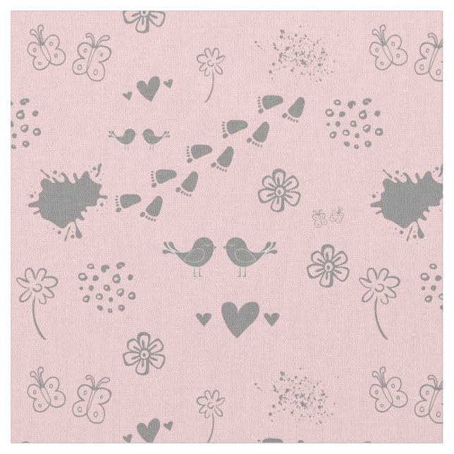 Retro pink and grey pattern of birds, dots, fo fabric (Close Up)