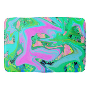 Retro Pink and Light Blue Liquid Art on Hydrangea Bath Mat