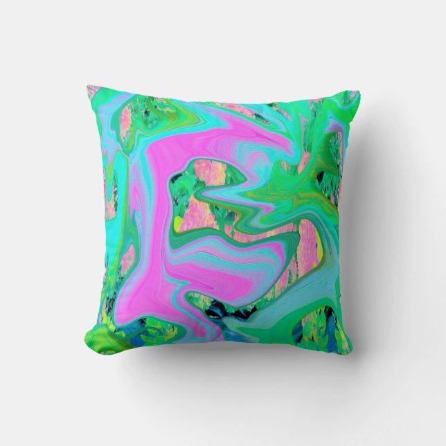 Retro Pink and Light Blue Liquid Art on Hydrangea Cushion (Front)