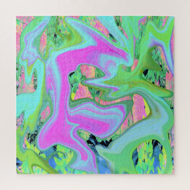 Retro Pink and Light Blue Liquid Art on Hydrangea Jigsaw Puzzle (Vertical)