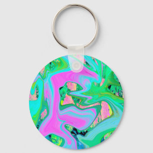 Retro Pink and Light Blue Liquid Art on Hydrangea Key Ring