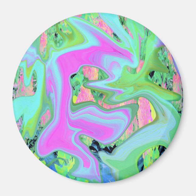 Retro Pink and Light Blue Liquid Art on Hydrangea Magnet (Front)