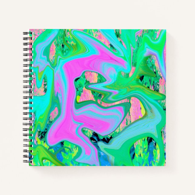 Retro Pink and Light Blue Liquid Art on Hydrangea Notebook (Front)
