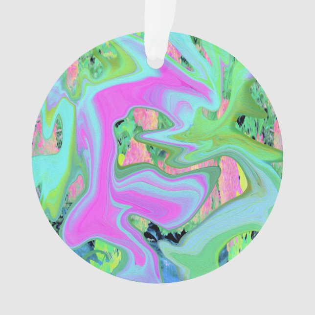 Retro Pink and Light Blue Liquid Art on Hydrangea Ornament (Front)