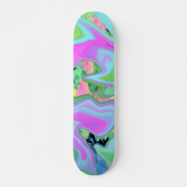 Retro Pink and Light Blue Liquid Art on Hydrangea Skateboard (Front)