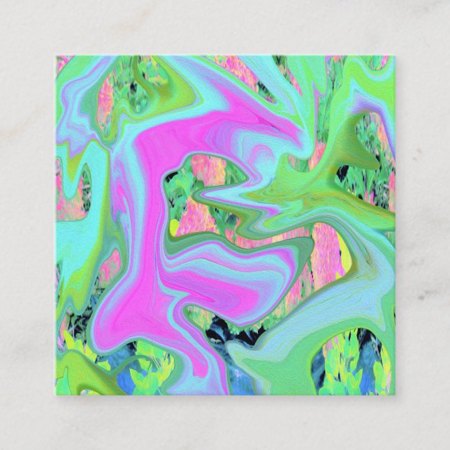 Retro Pink and Light Blue Liquid Art on Hydrangea Square Business Card (Front)