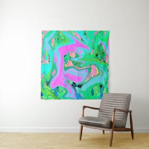 Retro Pink and Light Blue Liquid Art on Hydrangea Tapestry