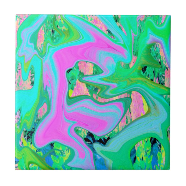 Retro Pink and Light Blue Liquid Art on Hydrangea Tile (Front)