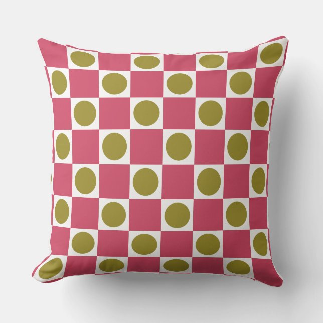 Retro Pink and Olive Circle Check Cushion (Front)