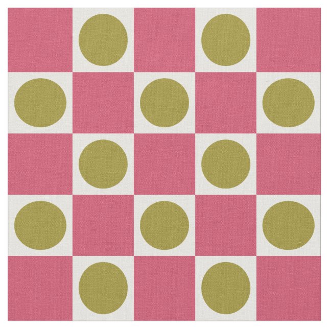 Retro Pink and Olive Circle Check Fabric (Close Up)