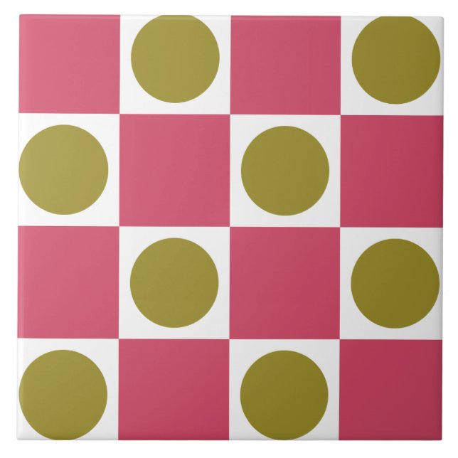 Retro Pink and Olive Circle Check Tile (Front)