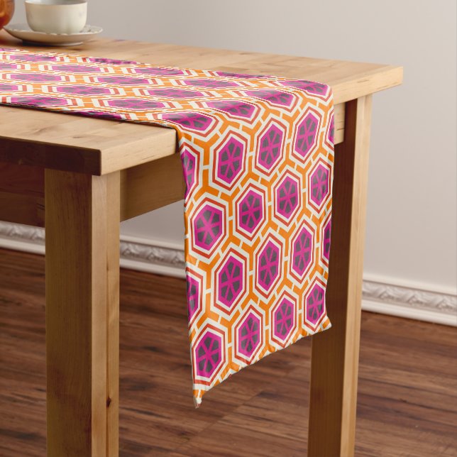 Retro Pink and Orange Modern Geometric Pattern Short Table Runner (In Situ)