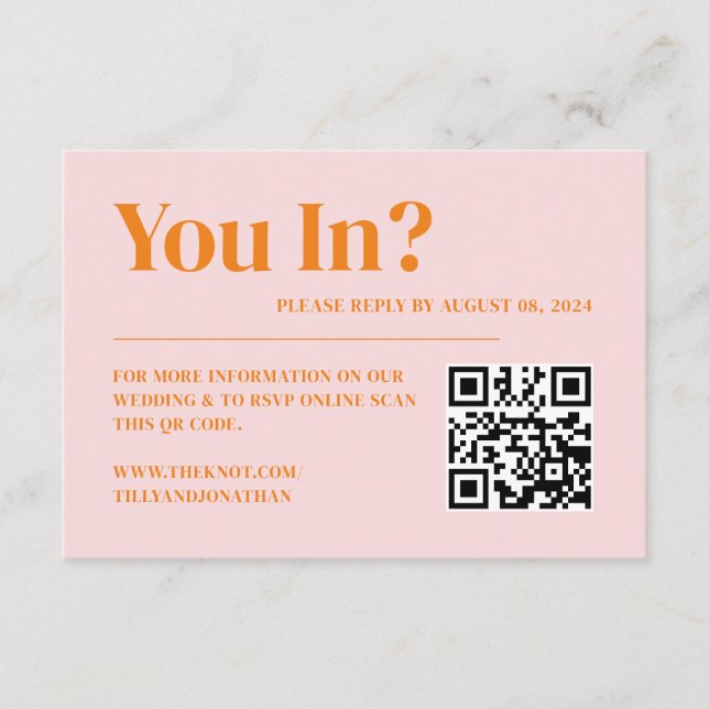Retro Pink and Orange QR Code Wedding Website  Enclosure Card (Front)