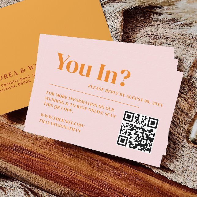 Retro Pink and Orange QR Code Wedding Website  Enclosure Card (Creator Uploaded)