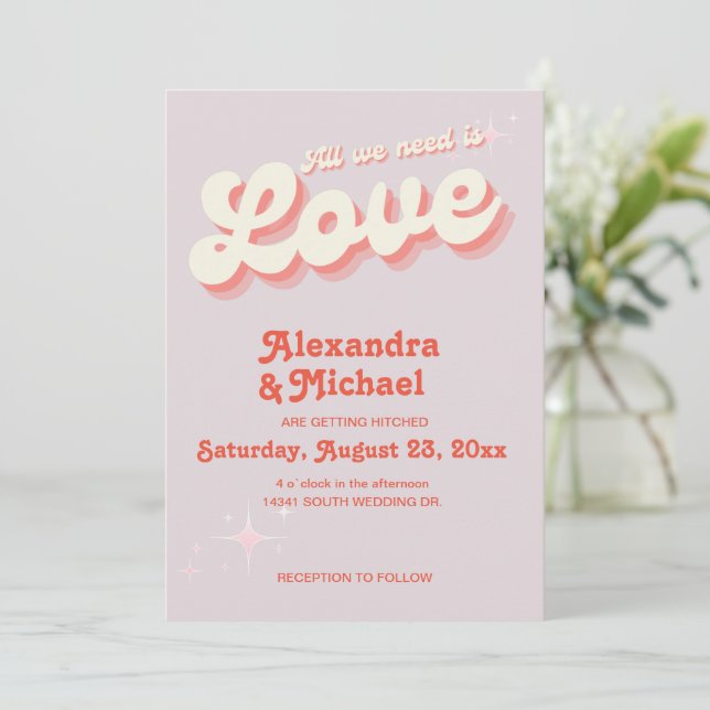 Retro Pink and Orange Vintage Wedding Invitation (Standing Front)