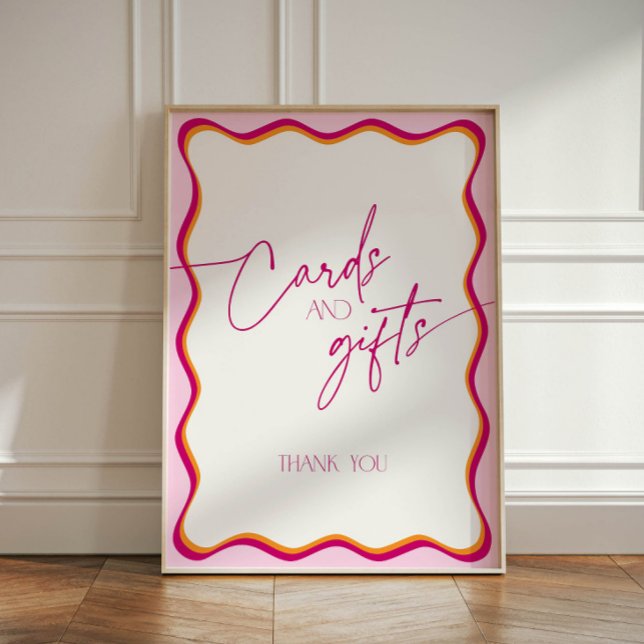 Retro Pink and Orange Wavy Border Cards and Gifts Pedestal Sign (Retro pink and orange wavy border cards and gifts sign)
