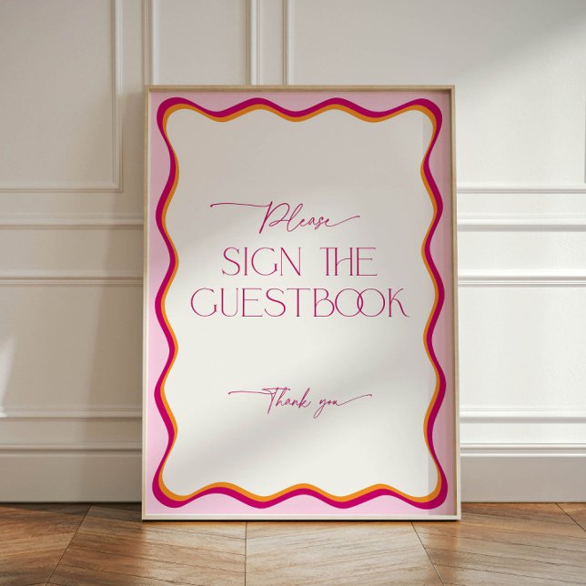 Retro Pink and Orange Wavy Border Modern Guestbook Pedestal Sign (Retro pink and orange wavy border guestbook sign)